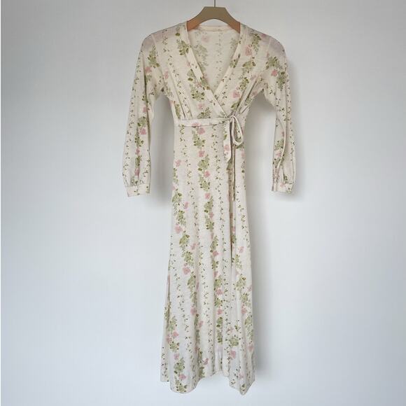 Vintage 70s Cream Jersey Floral Wrap Dress / Sz S / Neutral Maxi / Boho Hippie - Picture 1 of 11